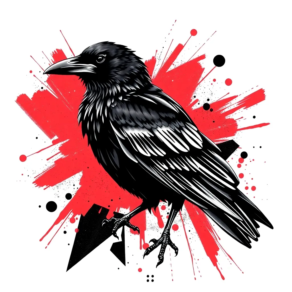 A trash-polka composition pairing a realistic raven with bold red brushstrokes, torn newspaper fragments and angular black geometric shapes
