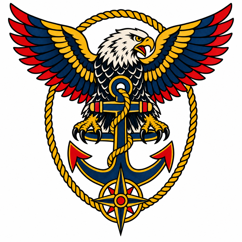 A traditional tattoo of a fierce eagle with outstretched wings clutching an anchor, framed by nautical rope and compass roses.