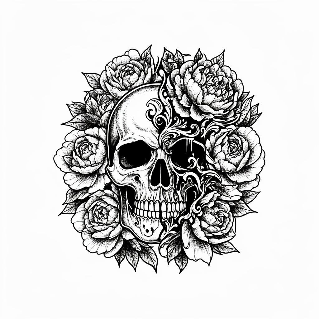 A blackwork tattoo split between a realistic skull and a blooming garden of roses and peonies, symbolizing life and death.
