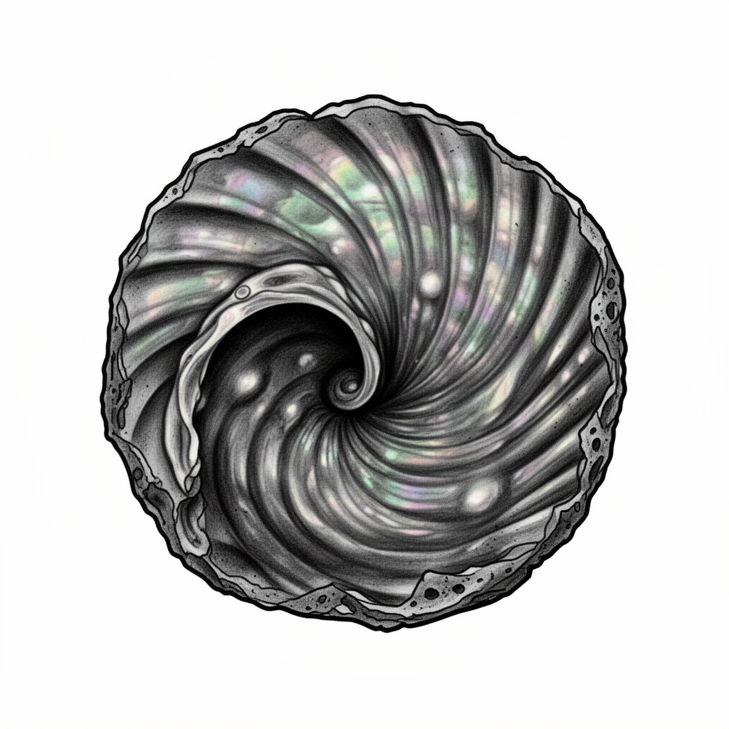 A realistic iridescent abalone shell shown front-on with pearl, sea-green, and violet highlights, a dark spiral interior, and a chipped salt-worn edge.