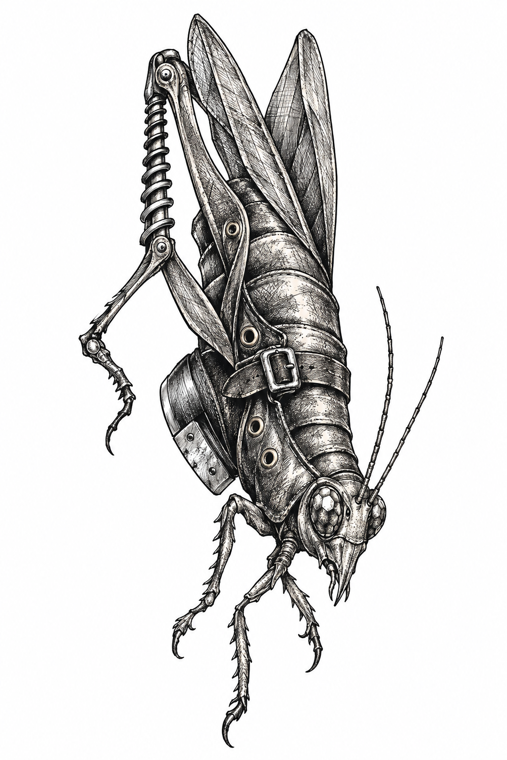 An illustrative grasshopper talisman made from a vintage tap shoe, with segmented body, springy hind legs, faceted eyes, and worn leather details.