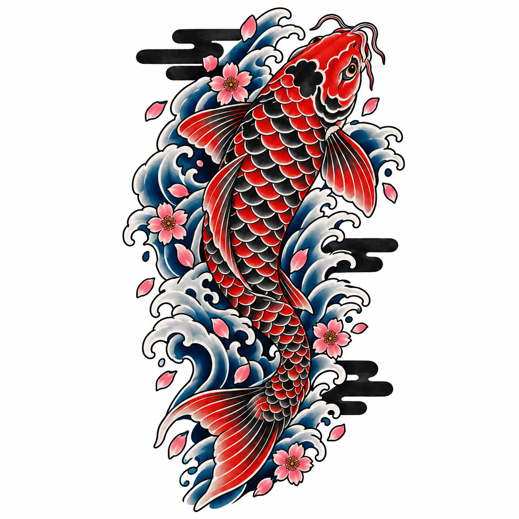 A Japanese-style ornate koi fish swimming upstream through crashing waves with cherry blossom petals drifting across the water.