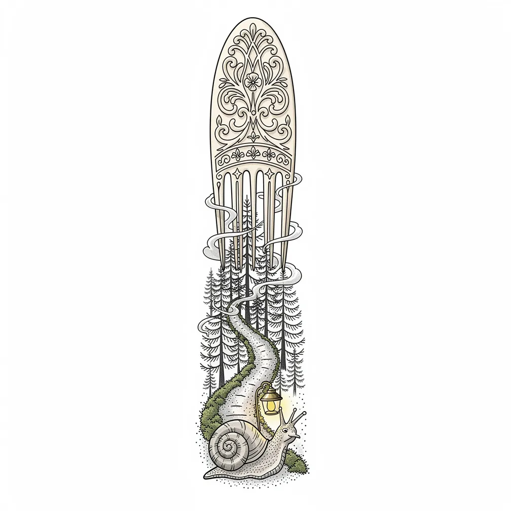 ’n Fynlyn-gesnyde beenhaarkam waarvan die tande in ’n miniatuur dennewoud verander, met ’n maanverligte mospaadjie en ’n lantern-slak tussen krulende mis.