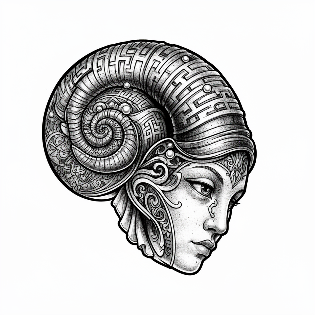 An ornamental tattoo of a ram’s horn snail shell in a tight spiral with carved labyrinth ridges and subtle pearl-like highlights.