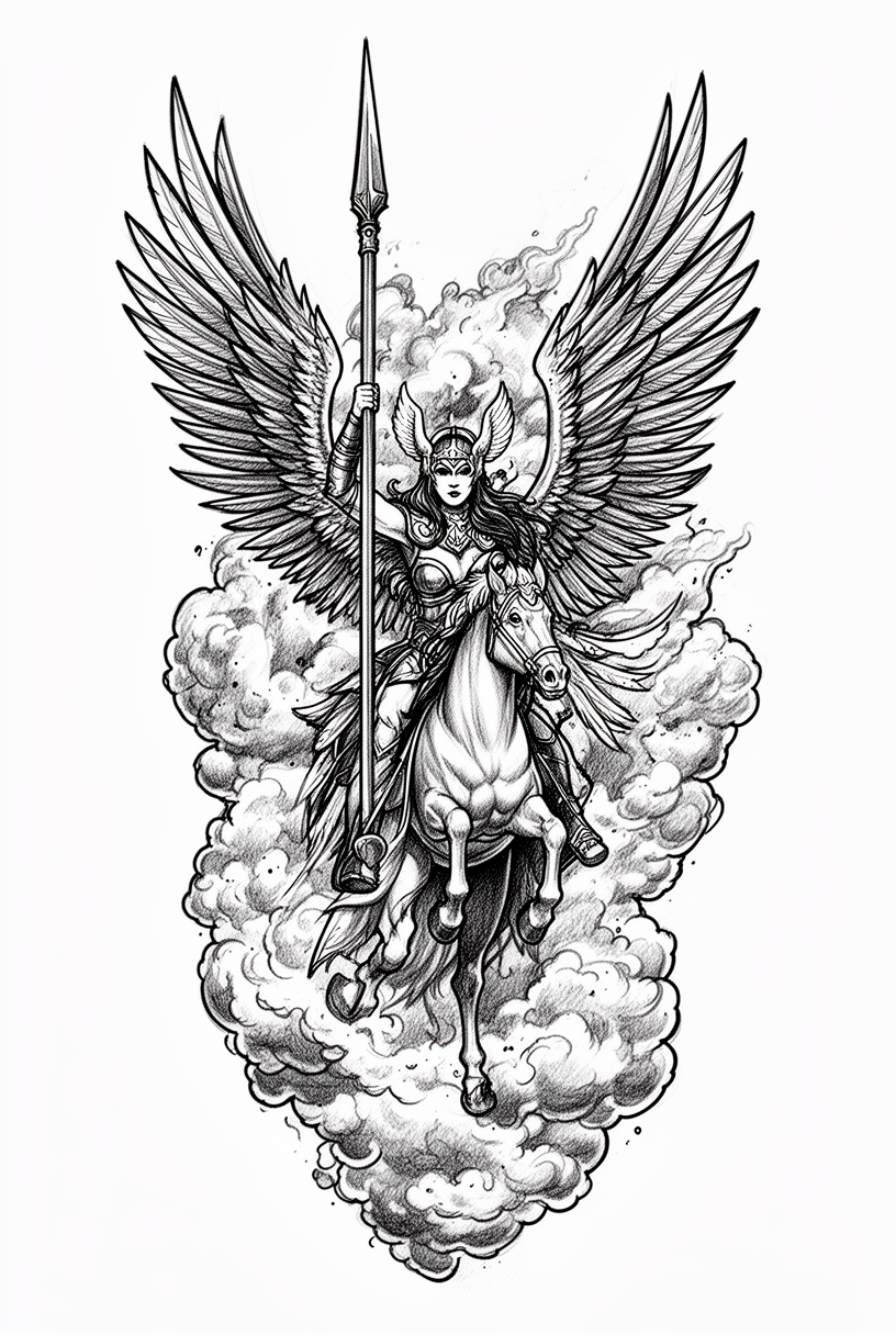 An illustrative Valkyrie warrior rides a rearing horse through storm clouds with her spear raised and wings spread wide.