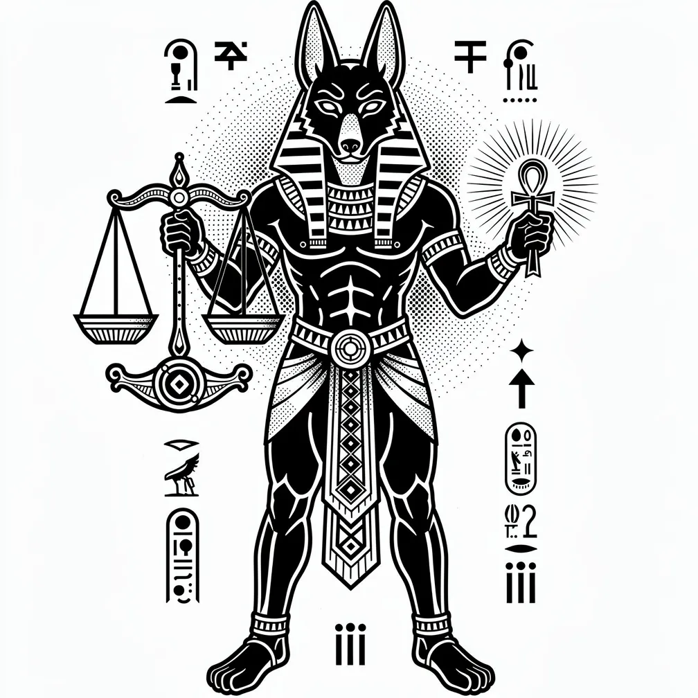 A blackwork Anubis holds the scales of judgment while an ankh glows in his other hand, rendered with bold dark contrast.
