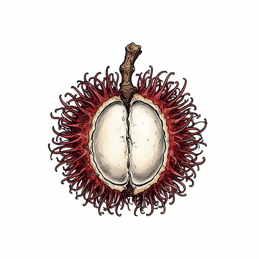 An illustrative split rambutan with scarlet spines curling around glossy ivory fruit, detailed like a botanical relic on a plain background.
