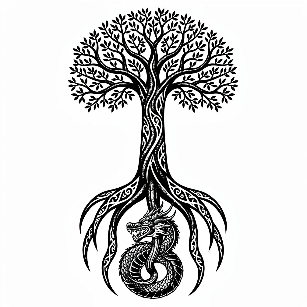 A blackwork depiction of Yggdrasil with sprawling roots reaching into three realms and a coiled dragon wrapped around the tree base