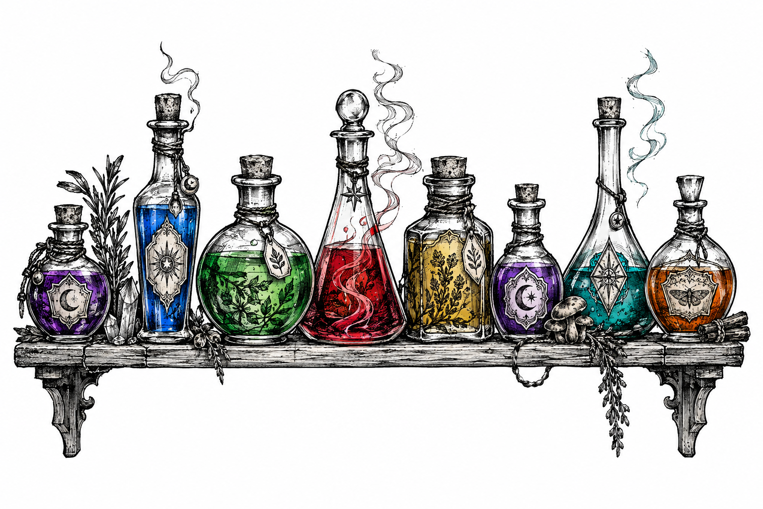 An illustrative apothecary shelf filled with potion bottles and flasks containing different glowing liquids and mystical labels.