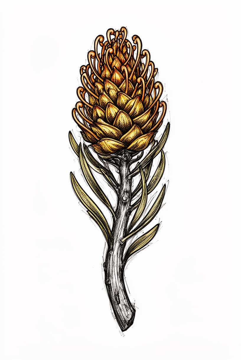 An illustrative banksia seed pod styled as a ceremonial botanical talisman with Art Nouveau vein work and golden highlights.