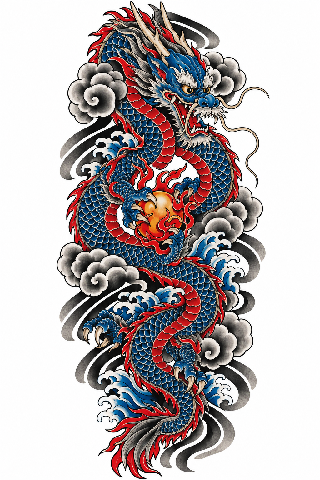 A Japanese-style Chinese dragon spirals through clouds with trailing whiskers and claws gripping a flaming pearl.