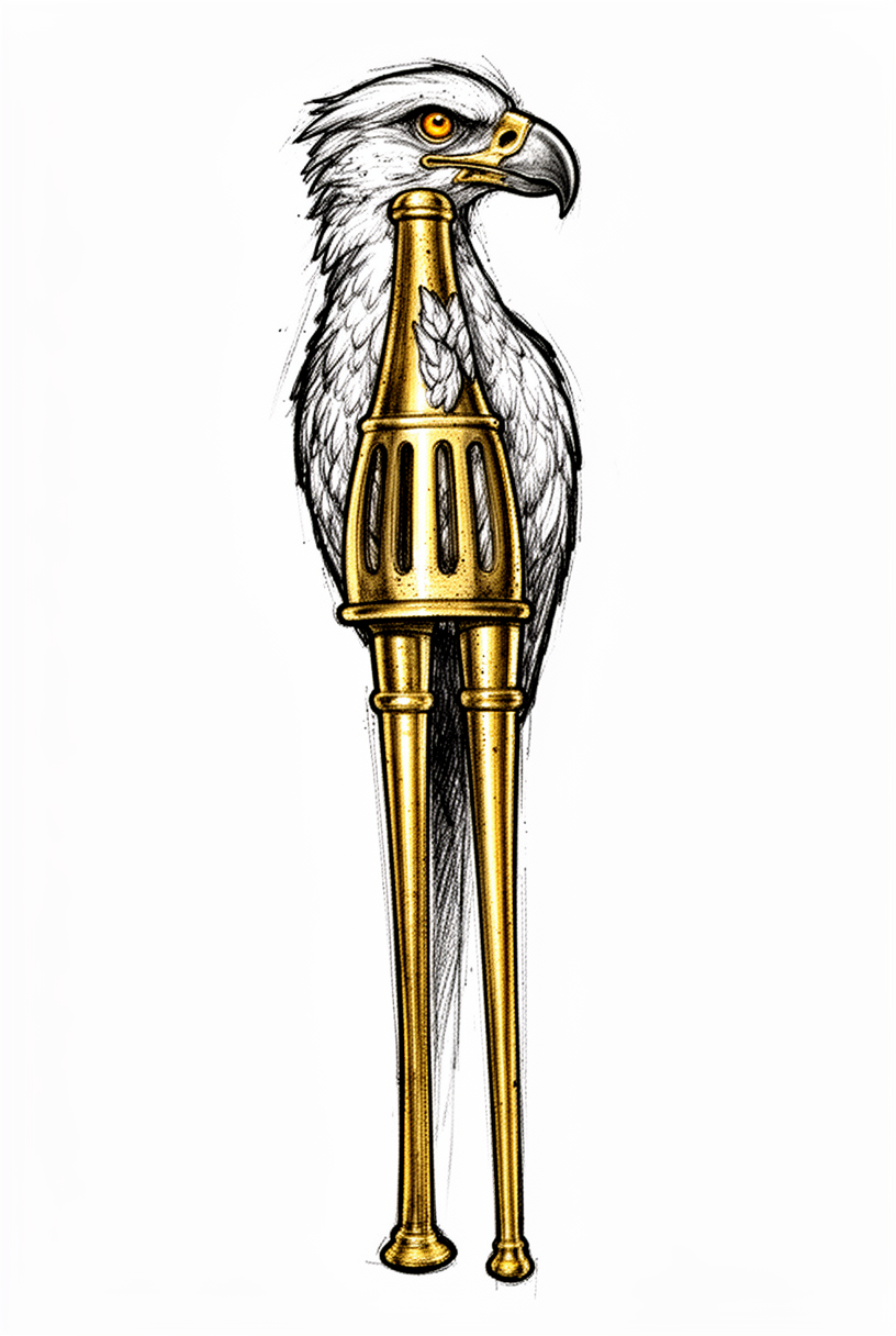 En illustrativ sekretærfugl-talisman, nyfortolket fra en antikk trompetmute i messing, med et skarpt blikk, krumt nebb og stylteaktige bein på en enkel bakgrunn.