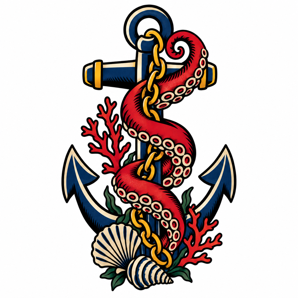 A traditional tattoo of a ship's anchor tangled with an octopus tentacle, with seashells and coral growing along the chain.
