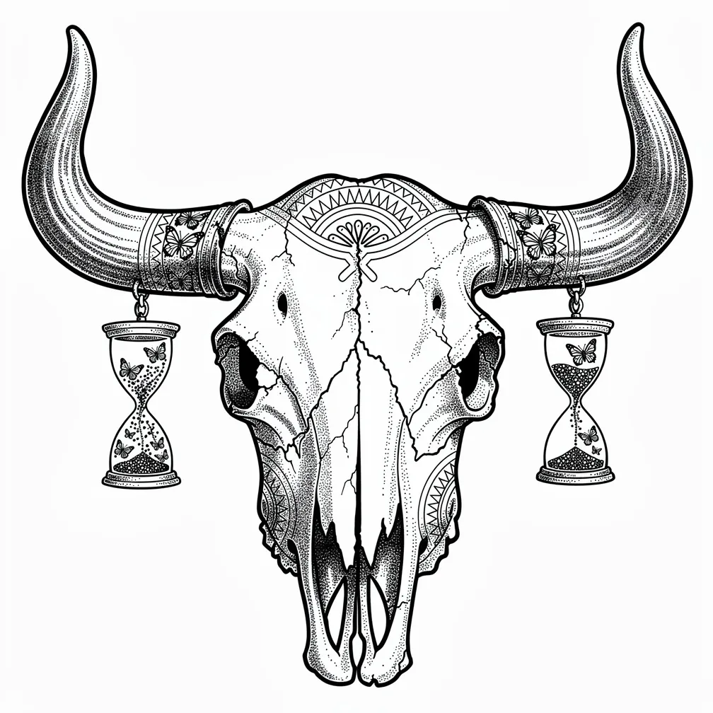 Isang bungo ng bison na may dotwork, mga bitak na tila niluma ng panahon, at mga sungay na nakabuka palabas na bumubuo ng maliliit na orasan na buhangin; ang buhangin ng mga ito ay nagiging isang pulb