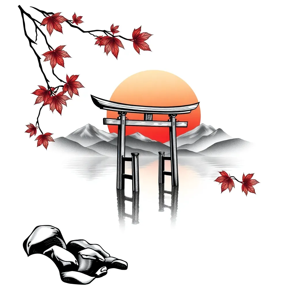Eine Szene im japanischen Stil mit einem Torii-Tor, das bei Sonnenuntergang in stillem Wasser steht, mit fernen Bergen und fallenden Ahornblättern