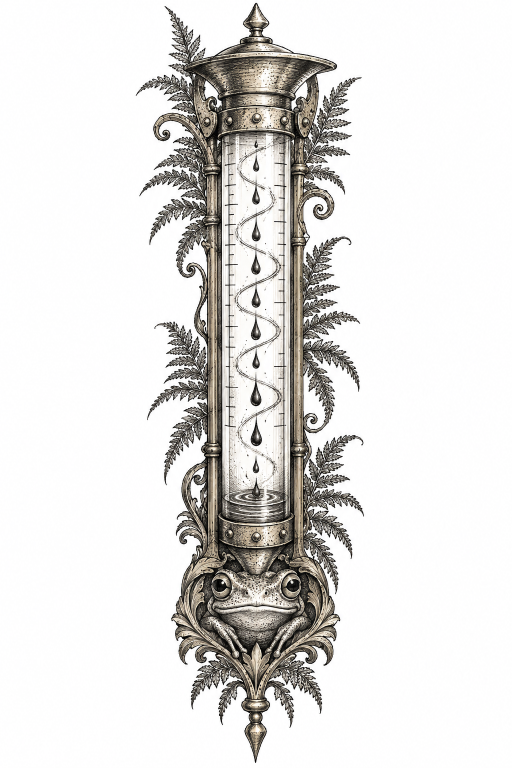 An illustrative antique rain gauge transformed into a ceremonial relic with fern fronds, scrollwork, suspended raindrops, and a small frog face at the base.