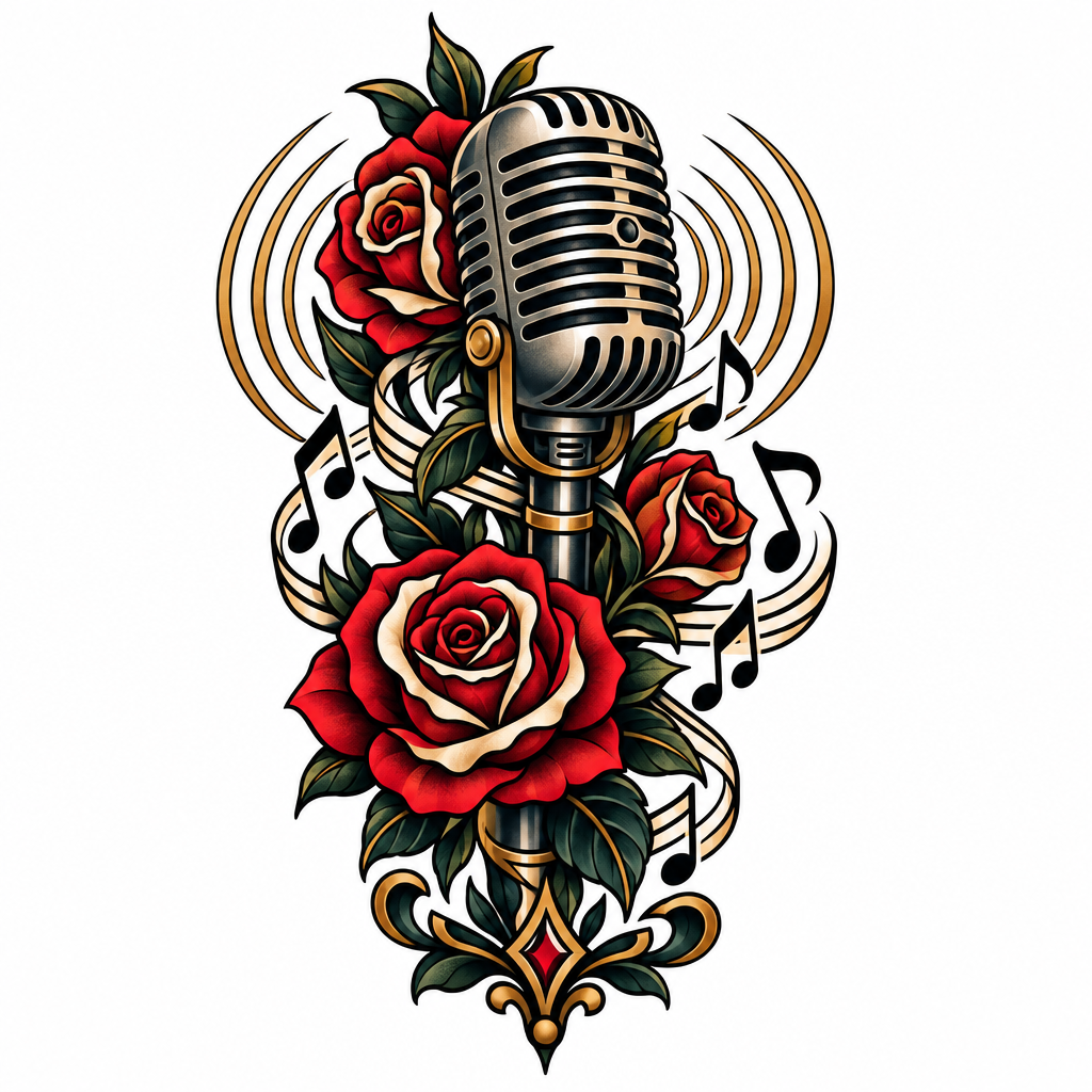 A neo-traditional vintage microphone wrapped in roses and music notes with concentric sound waves radiating outward.
