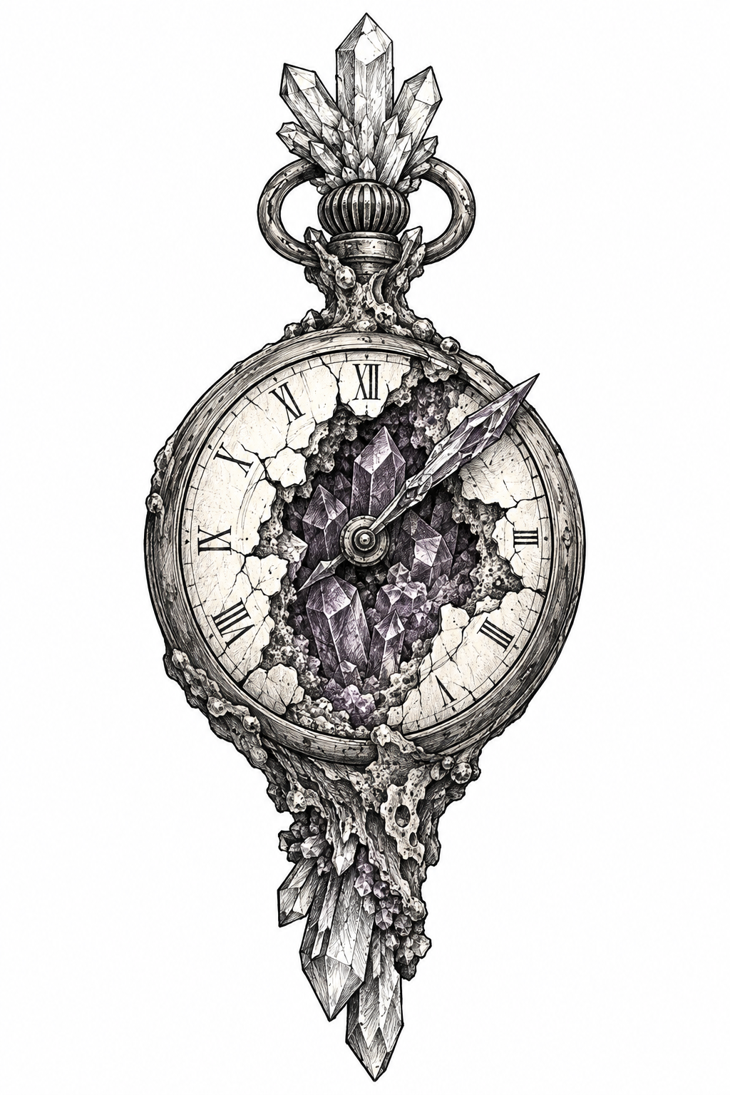 An illustrative antique pocket watch transformed into a cracked geode with amethyst crystals, quartz points, and a mineral shard hand.
