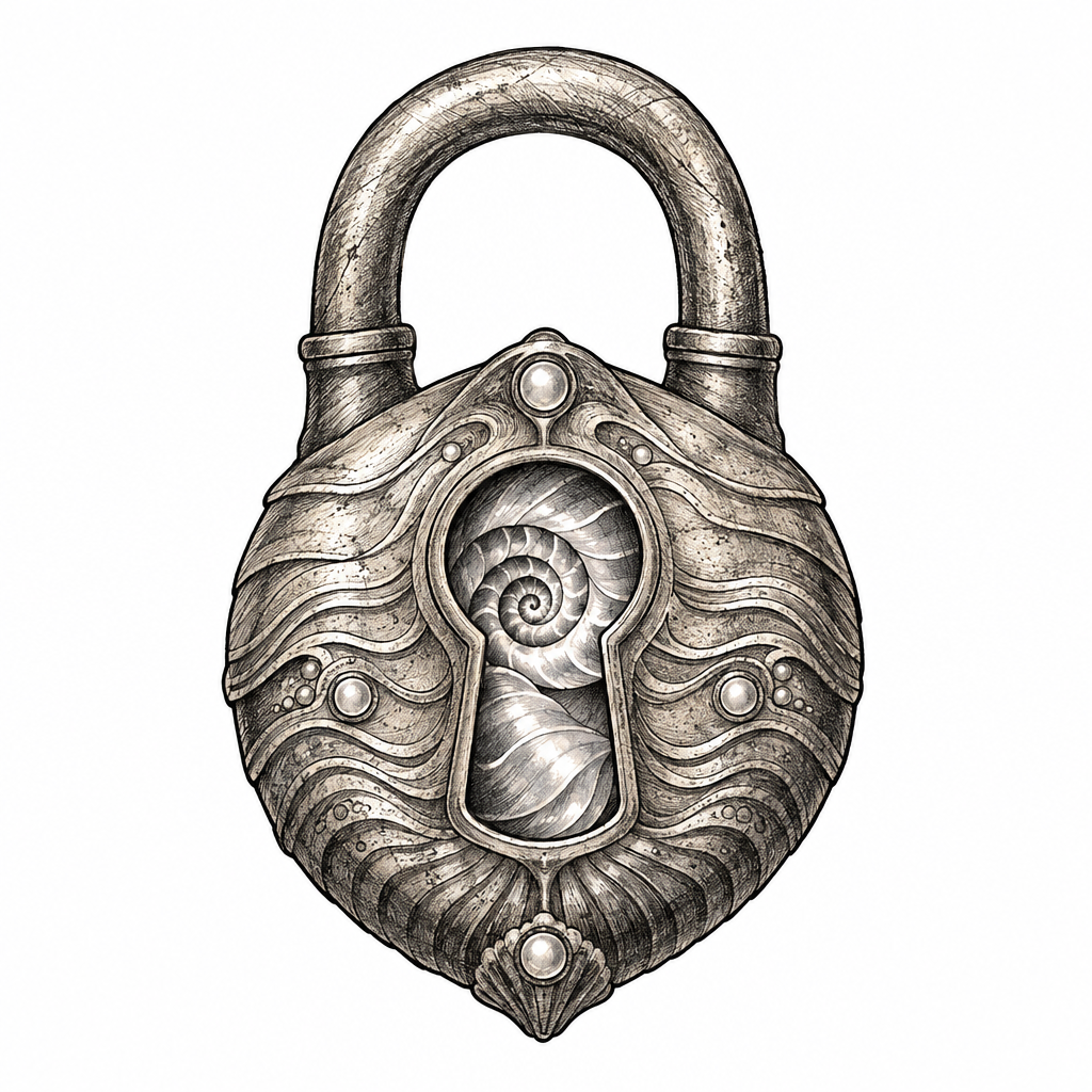 An illustrative tiny brass padlock transformed into a seashell reliquary with tide lines, pearl inlay, and a glowing spiral keyhole chamber.