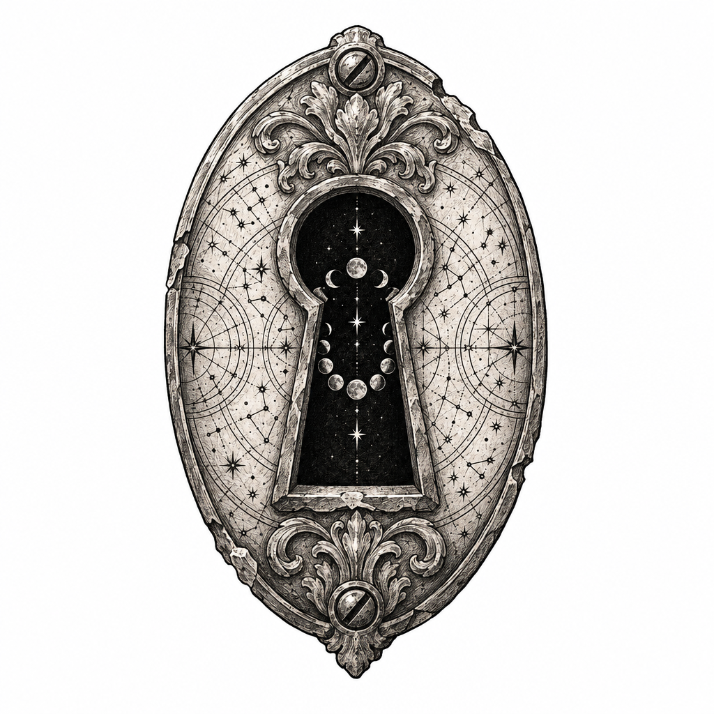 An illustrative antique keyhole escutcheon engraved with star charts and floral scrollwork, opening into a black void with a ring of tiny moons.
