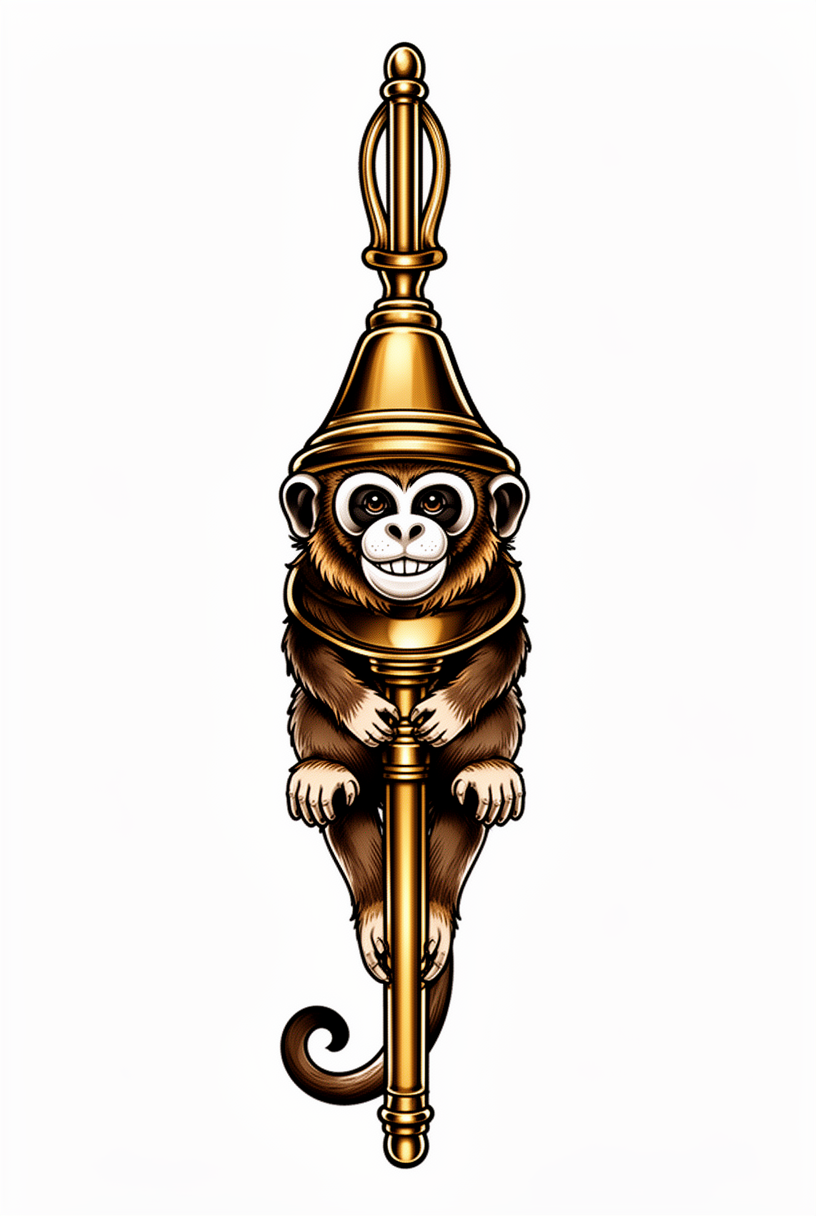 A neo-traditional capuchin monkey talisman inspired by an antique brass candlestick snuffer, with a curled tail, tiny hands and feet, and a playful grin.