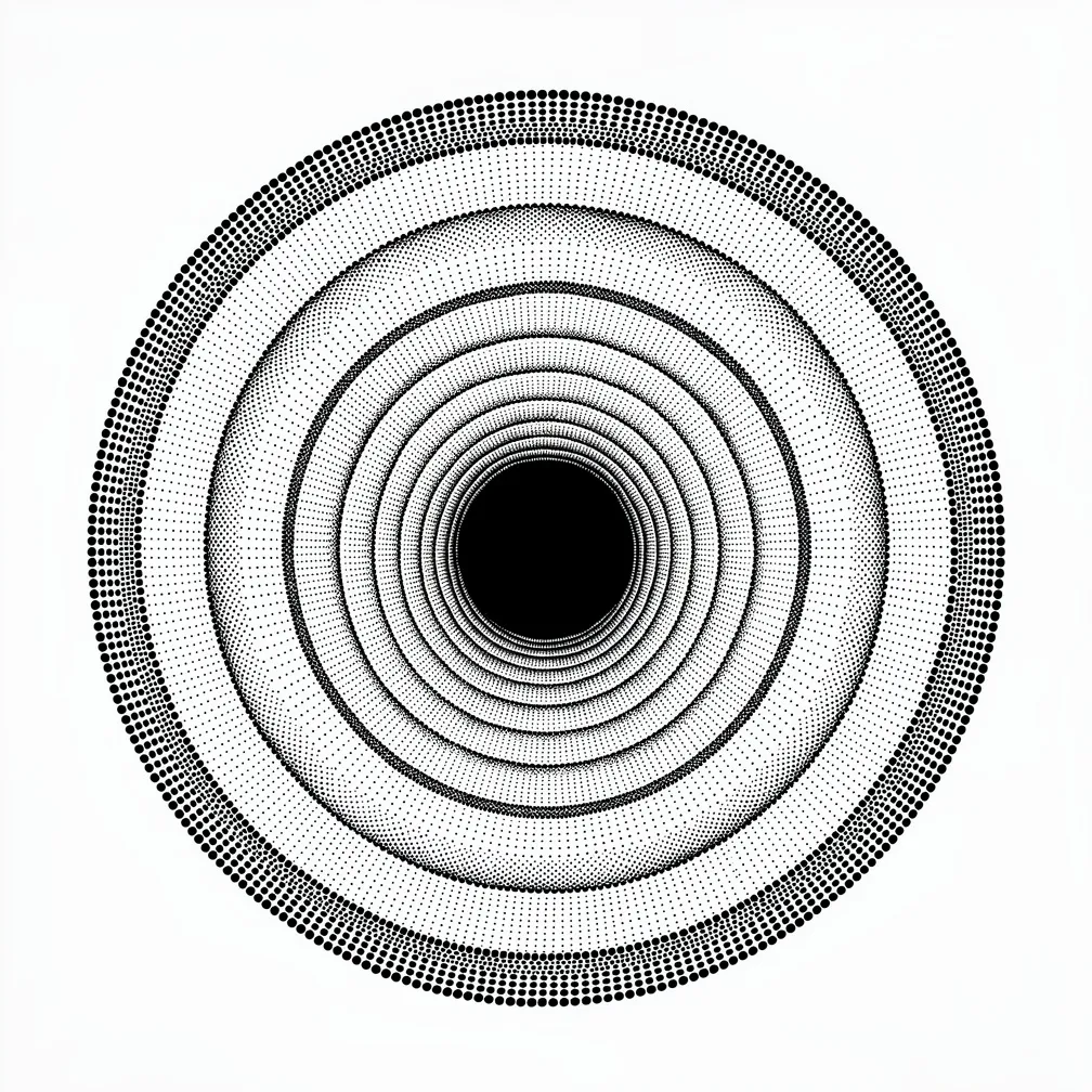 Concentric rings of diminishing dotwork forming a three-dimensional optical tunnel with precise geometric symmetry