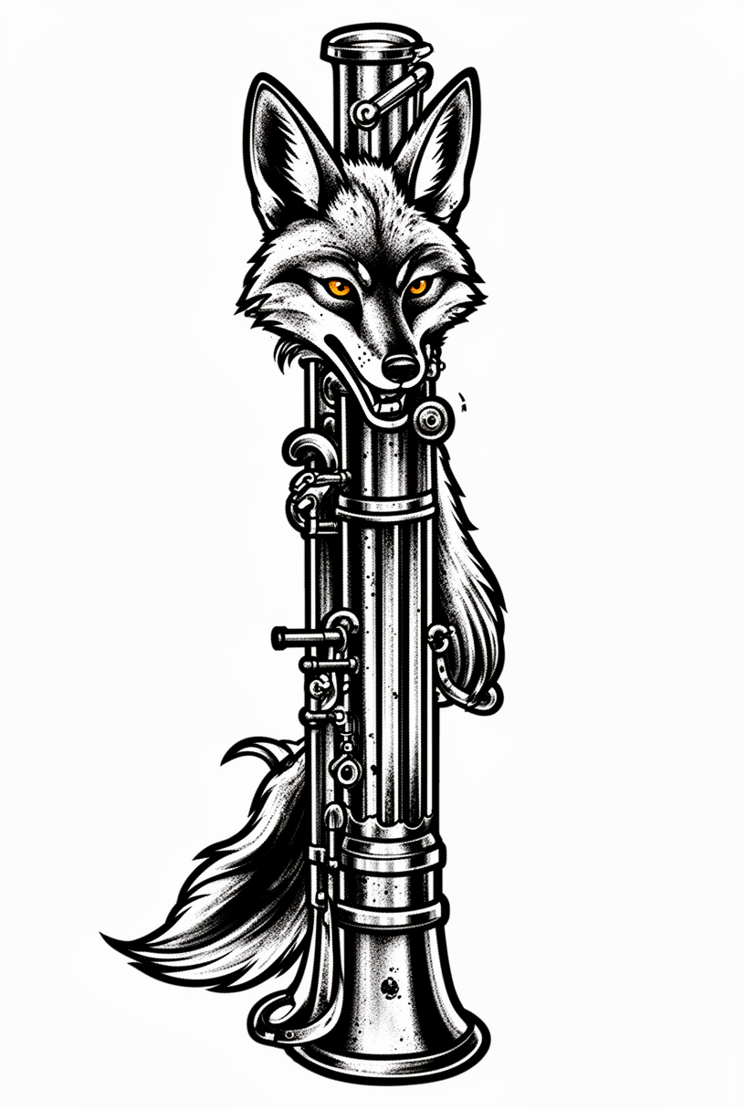 A blackwork tattoo of an antique brass calliope whistle reimagined as a sly coyote talisman with mechanical linework and worn patina.