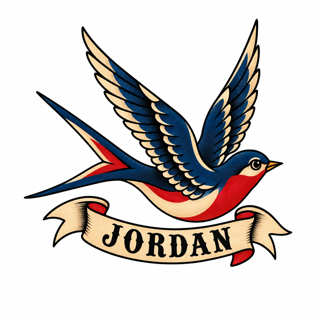 A traditional swallow carrying a banner with a name written across it.