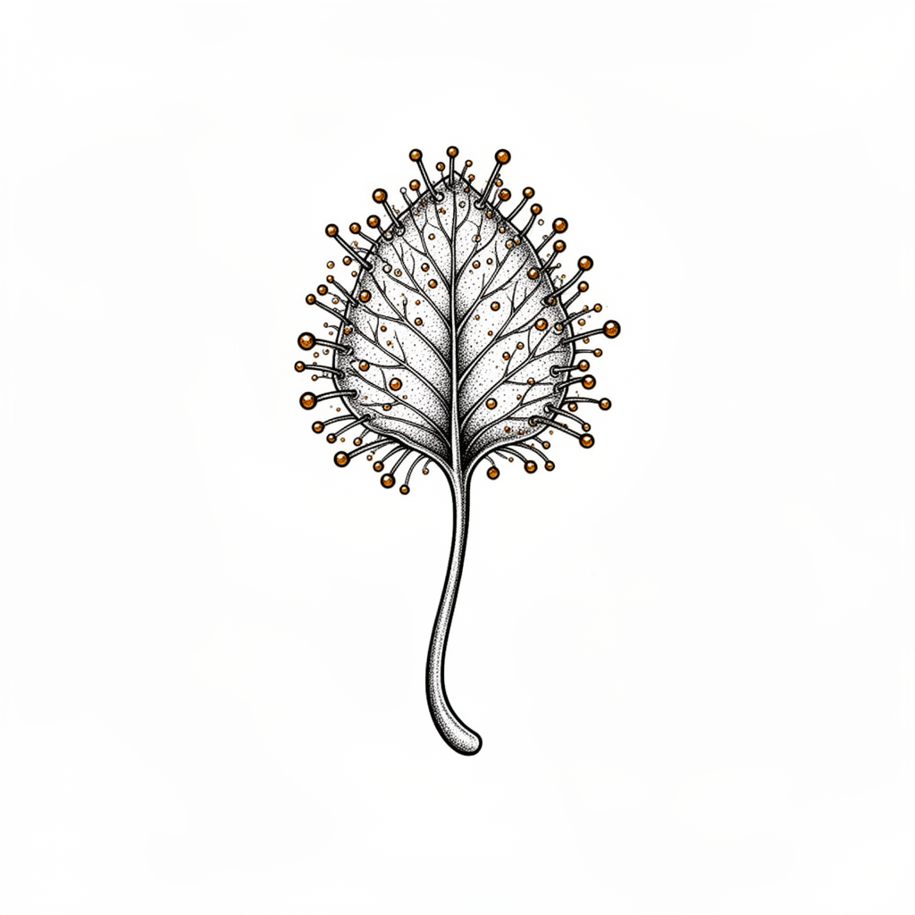 A fine-line sundew leaf rendered like a ceremonial botanical relic, with a curled stem, jewel-like dew glands, and a symmetrical rosette on a plain background.