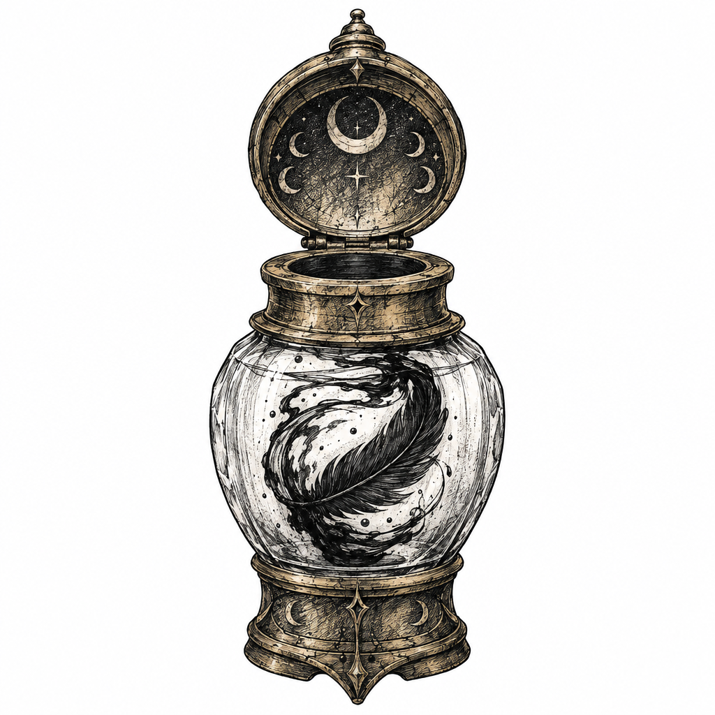 An illustrative antique brass inkwell with an open lid, a raven-feather-shaped spiral of black ink, and tiny crescent moon etchings inside.