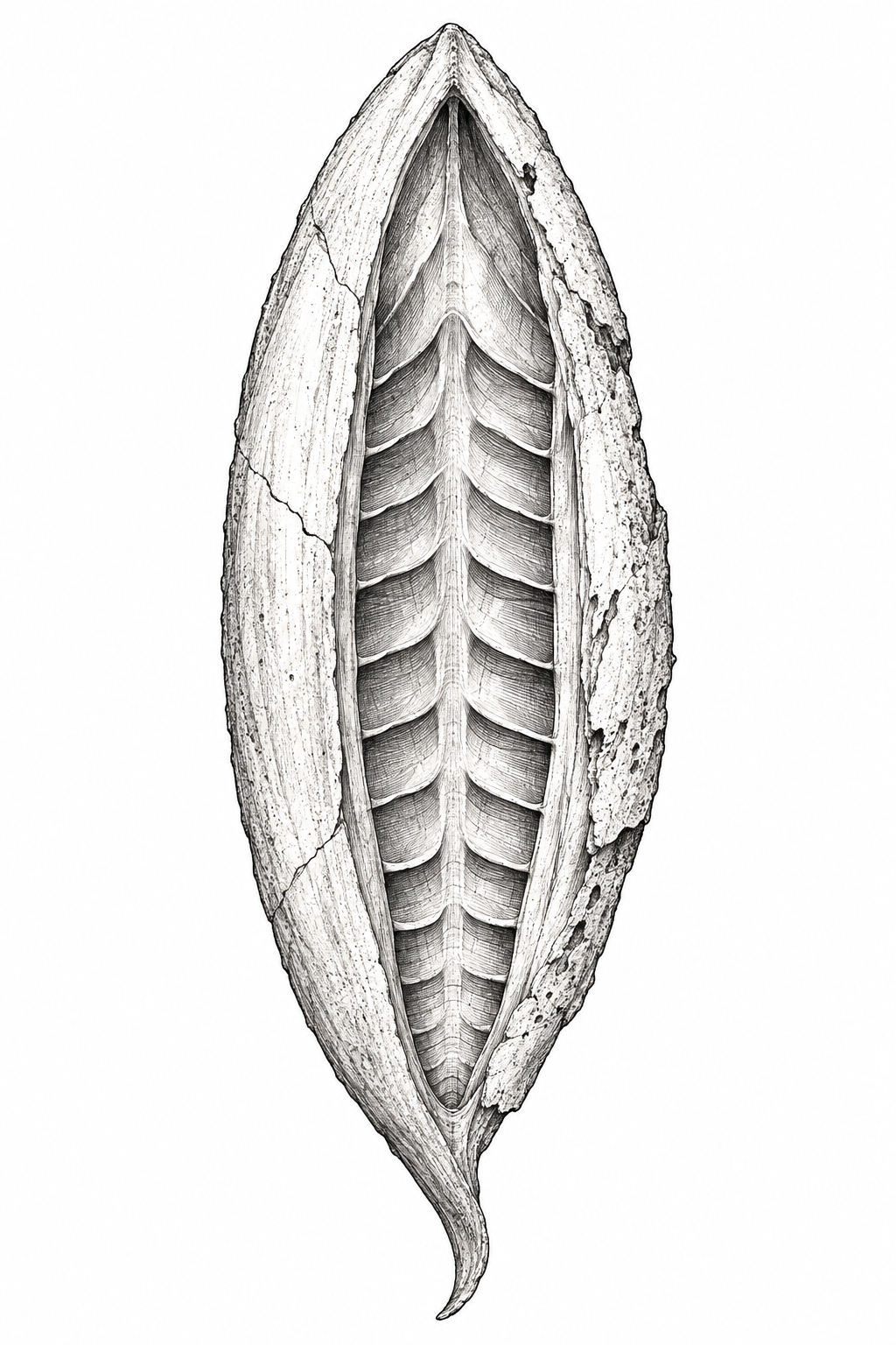 An illustrative cuttlebone with a split oval shell, ribbed inner chambers, salt-worn cracks, and a faint pearl sheen on a plain background.