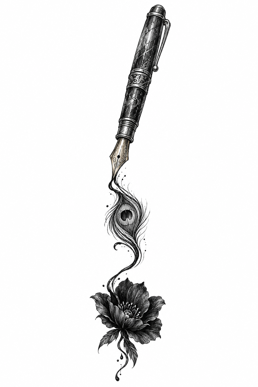 An illustrative vintage fountain pen with a worn gold nib, peacock-eye flourish, and curling black ink forming a midnight blossom.
