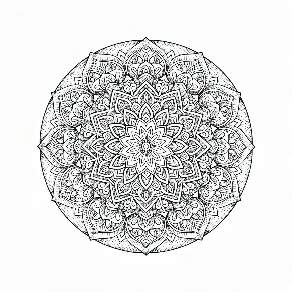 Isang masalimuot na mandalang dotwork na may ganap na simetrikong magkakapusyong singsing ng mga heometrikong talulot na nagliliwanag palabas.