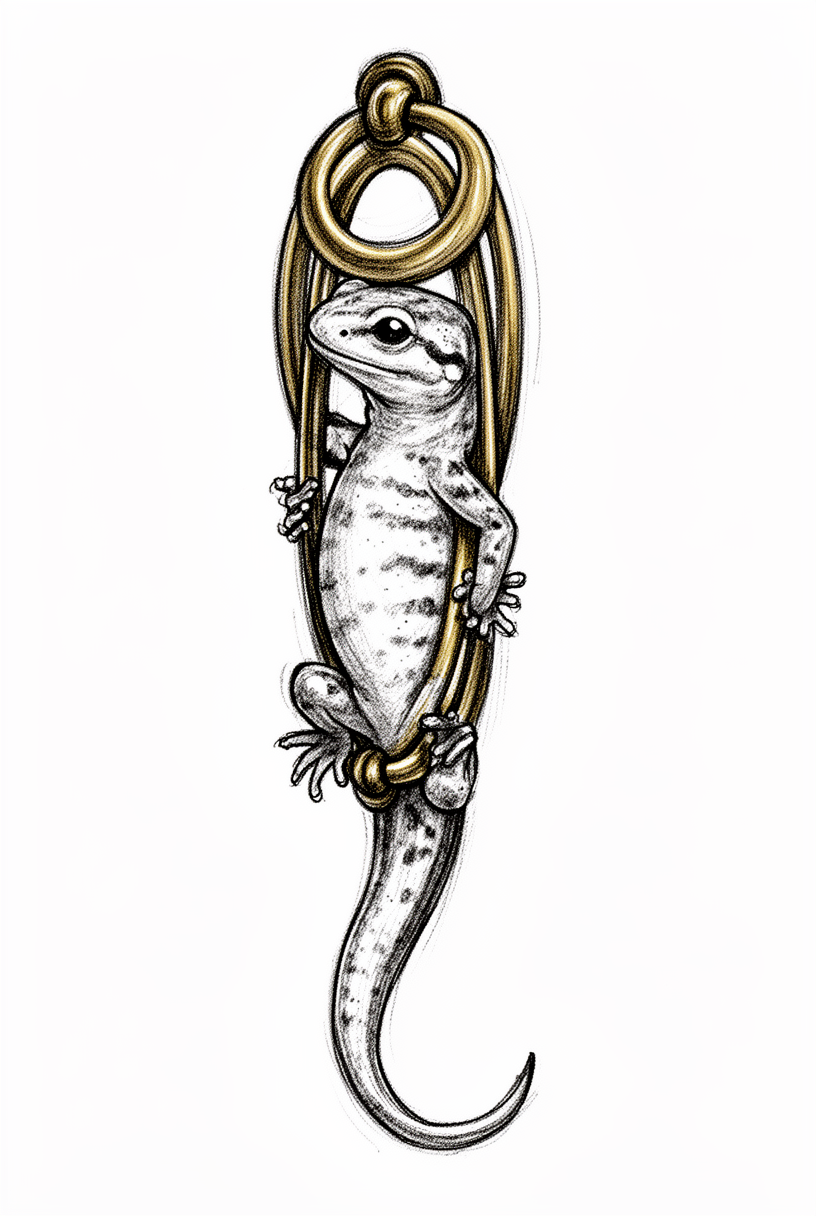 An illustrative marbled newt shaped from an antique brass drawer pull, with tiny limbs, bead eyes, and a curved tail on a plain background.