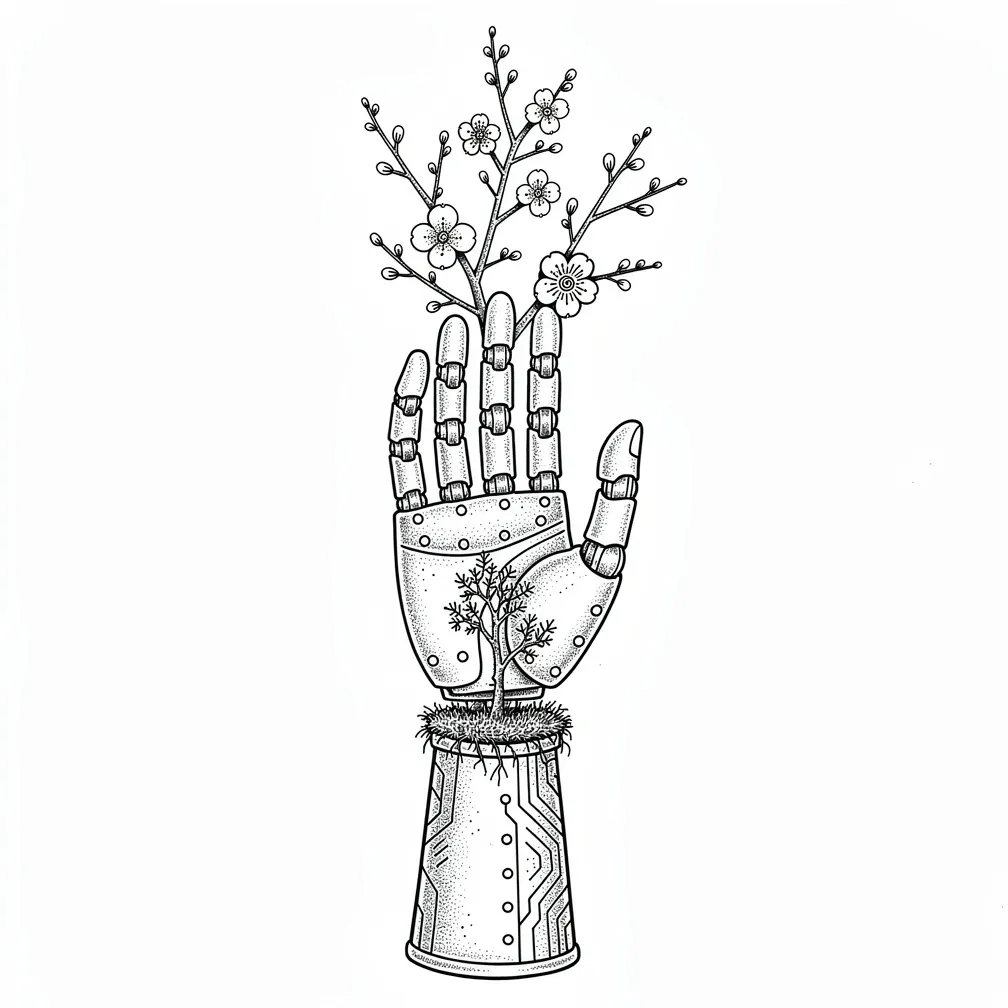 ’n Fynlyn-antieke prostetiese hand, palm-op gehou, met klinknaels en skarniere, waaruit ’n klein boord van blomme, mos en strookagtige wortels spruit in ’n vertikale komposisie.