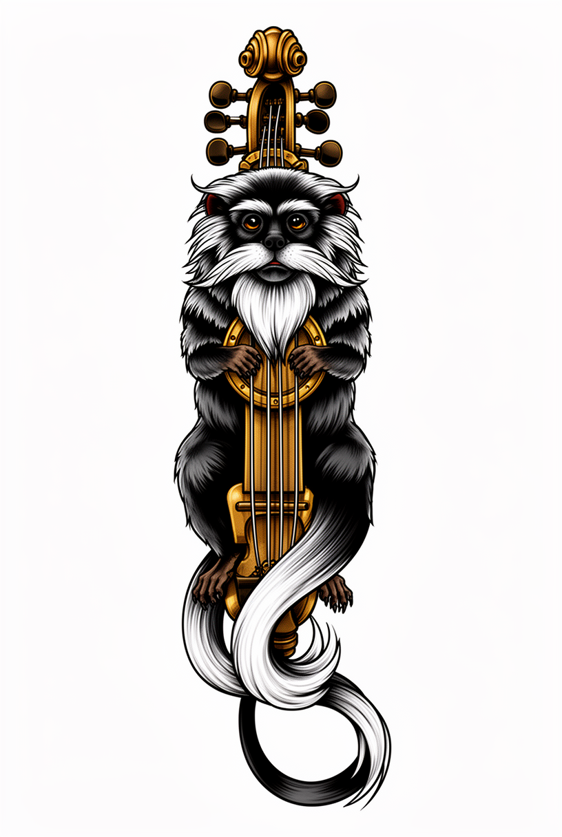 A neo-traditional emperor tamarin talisman styled like an antique brass violin mute, with a furred torso, white moustache, tiny limbs, and alert eyes.