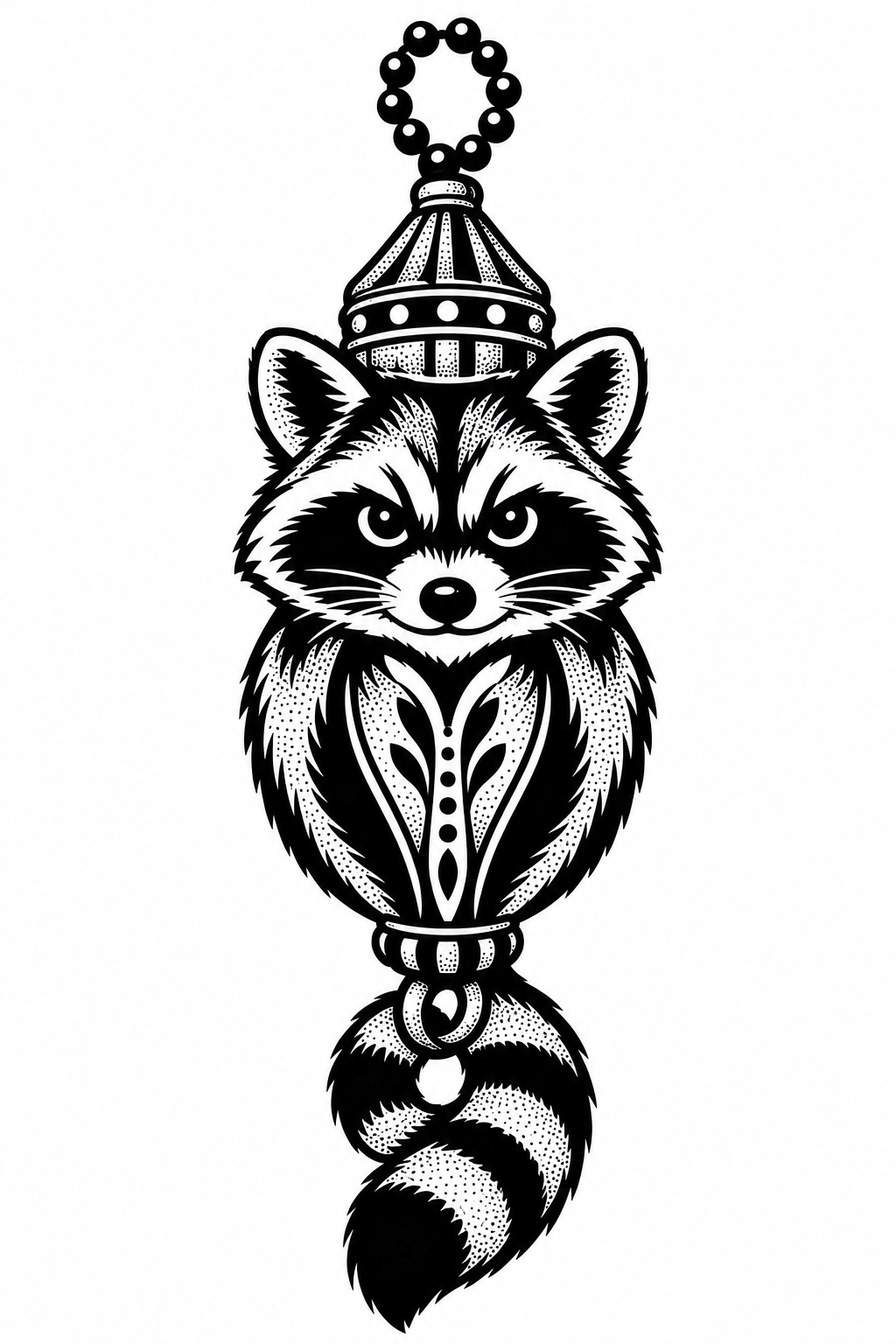 A blackwork raccoon talisman formed from an antique brass pull-chain finial, with a masked face, striped tail, and crisp engraved seams.