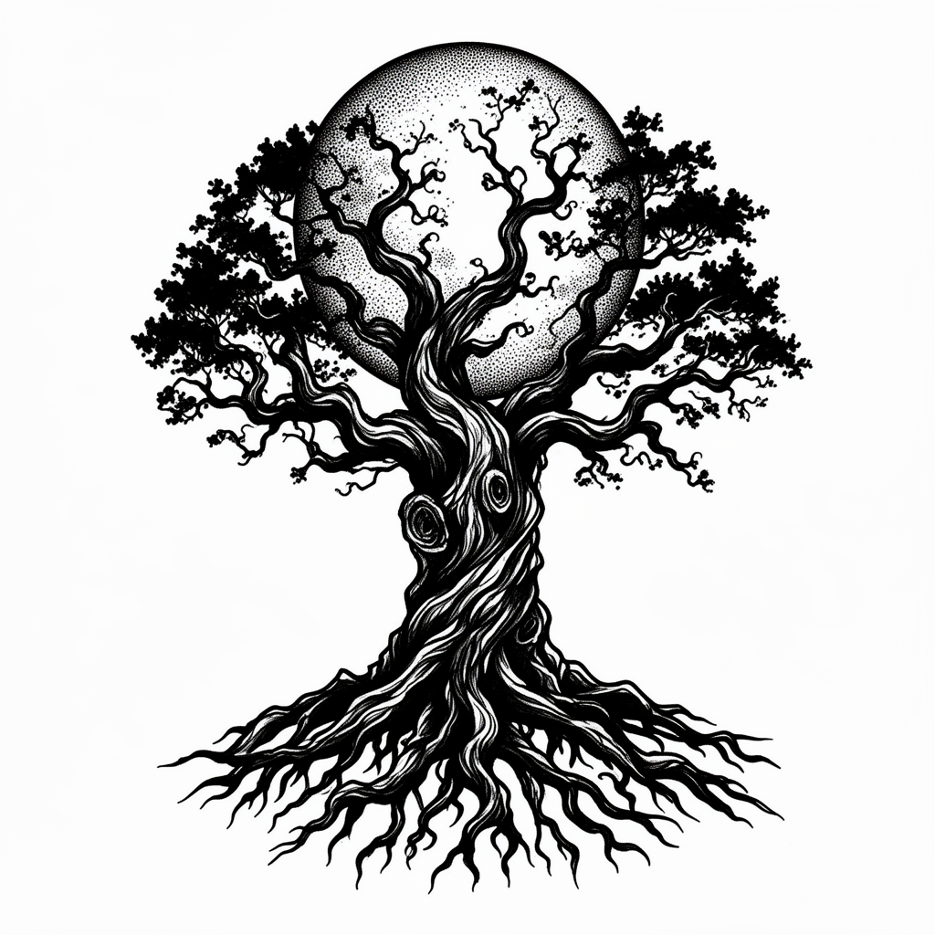 A blackwork ancient oak tree with exposed roots and twisted branches silhouetted against a full moon.