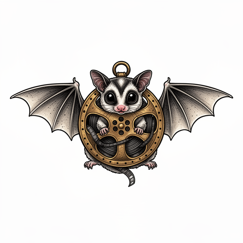 An illustrative sugar glider talisman formed from a vintage brass film reel, with film strips becoming wing-like membranes and a curious face on a plain background.