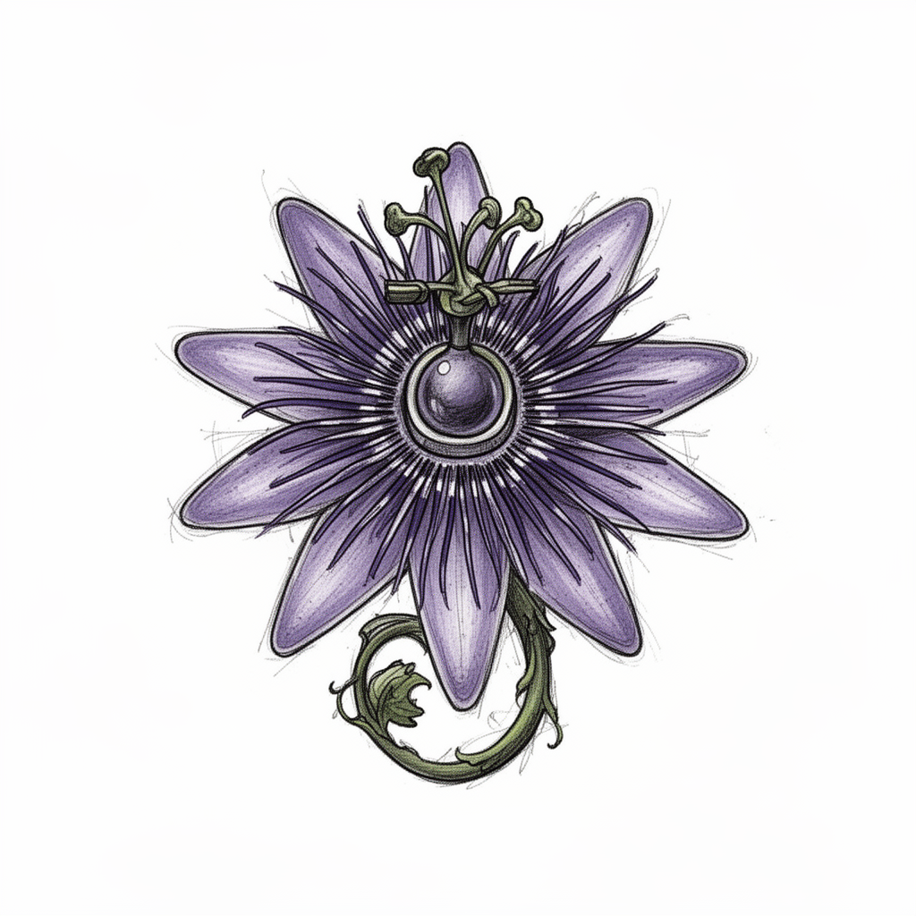 An illustrative passionflower with layered purple petals, a spiky crown, a glossy central orb, and a curling tendril on a plain background.
