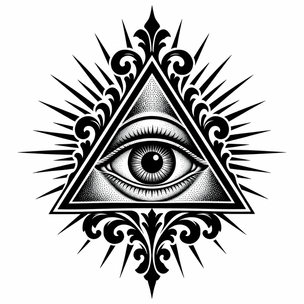 A blackwork Eye of Providence inside a triangle, framed by ornate filigree and radiating beams of light.