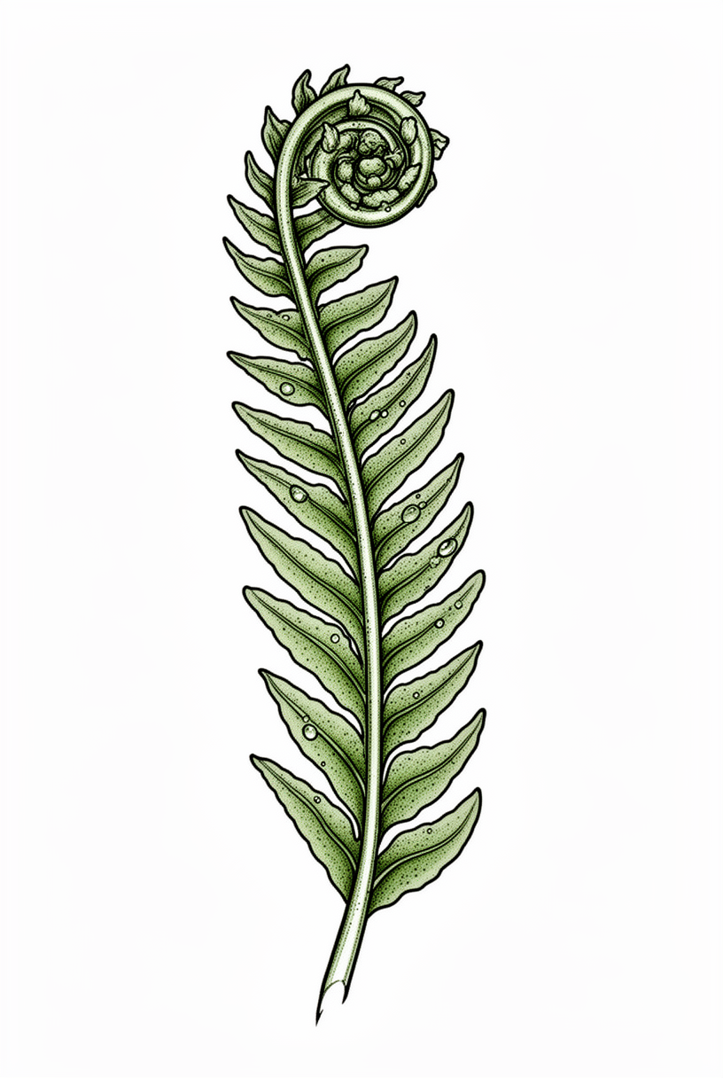 A fine-line tattoo of a curled fern fiddlehead with layered fronds, textured stem ridges, and a subtle mystical botanical feel.
