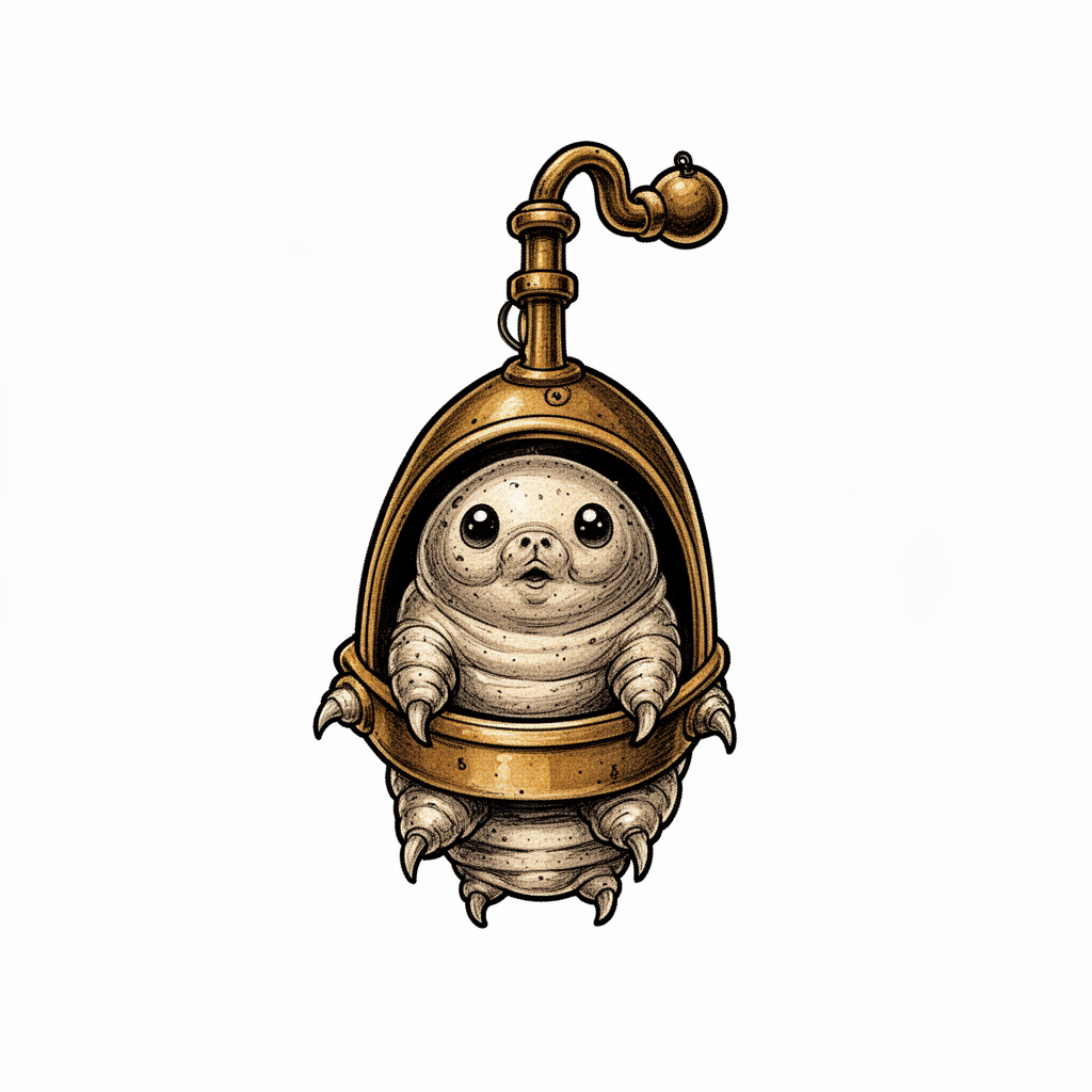 An illustrative tiny tardigrade talisman inspired by a vintage hand-crank egg poacher, with stubby clawed legs, a curled tail nub, and a serene face.