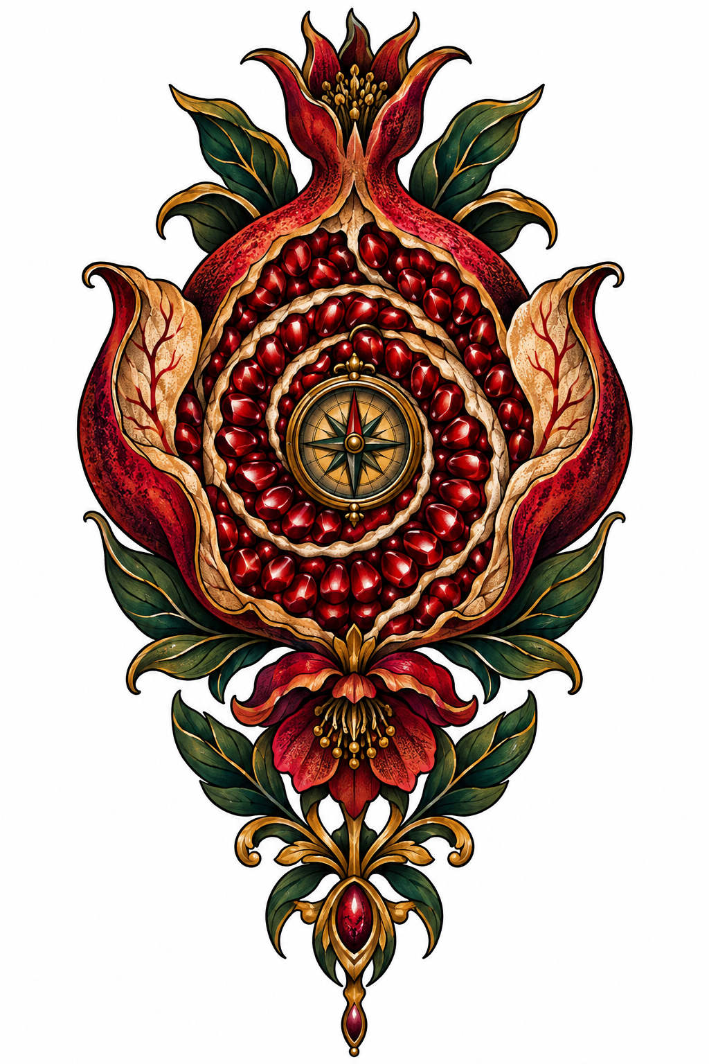 A neo-traditional pomegranate split open with jeweled seeds spiraling around a tiny brass compass at the center, framed by curling rind and stippled shadows.