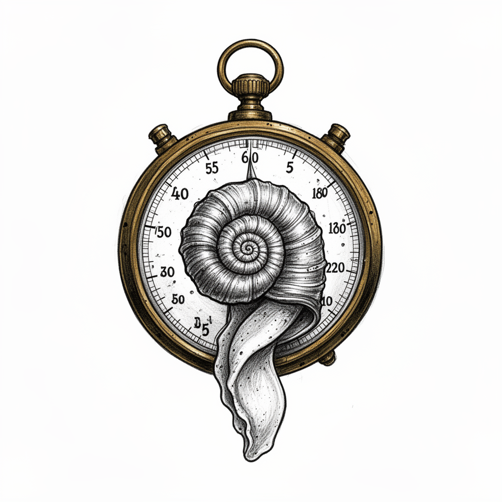 An illustrative antique brass altimeter transformed into a moon snail talisman with a spiral shell, altitude markings, and a curling foot beneath.