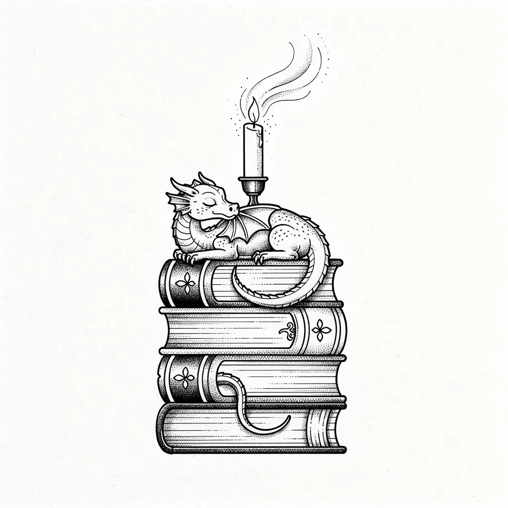 A fine-line illustration of a small dragon curled around a lit candle, sleeping atop a neat stack of books with wisps of smoke rising from its nostrils.