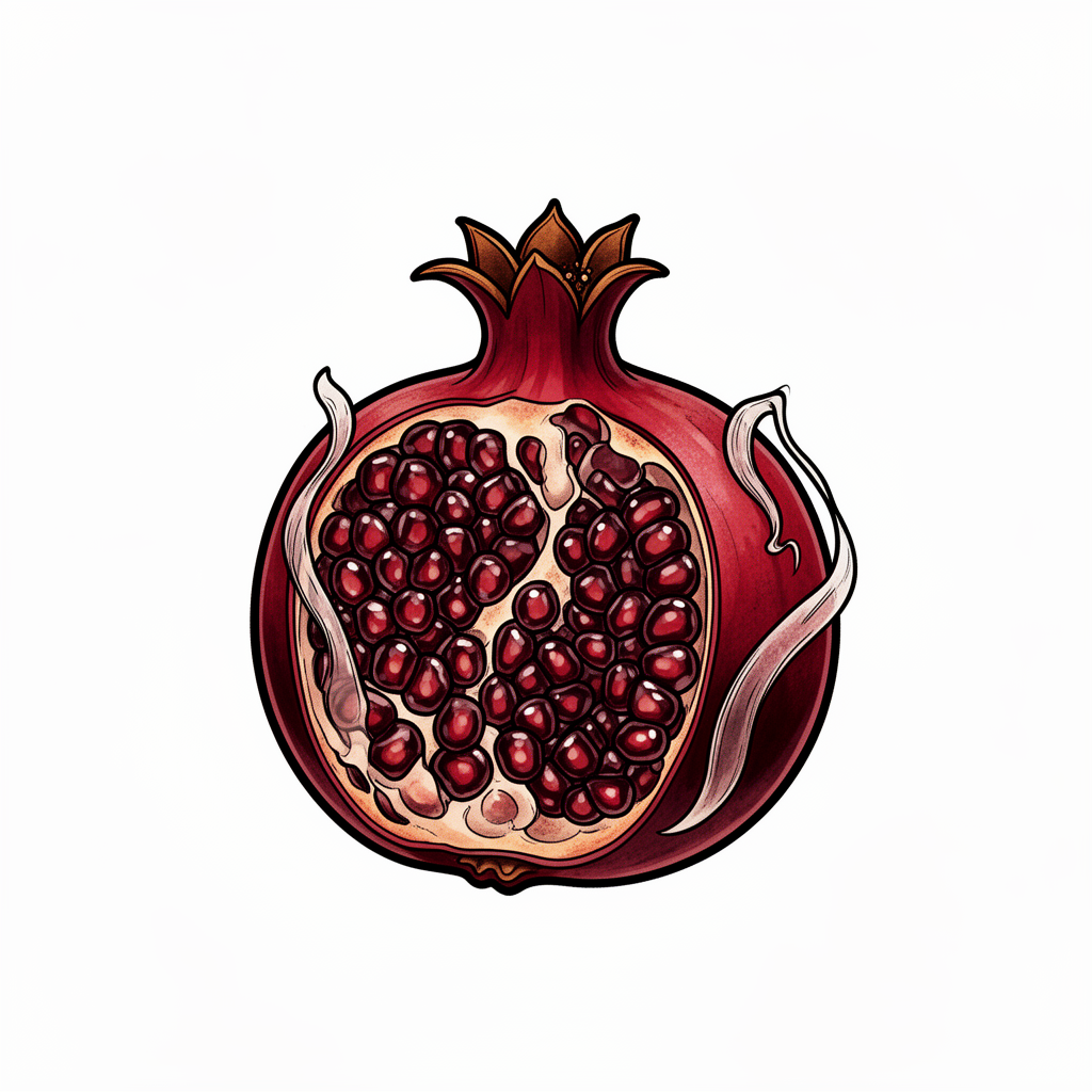 A neo-traditional pomegranate split open to reveal jewel-like seeds, with a crown-shaped calyx and curled inner membranes on a plain background.