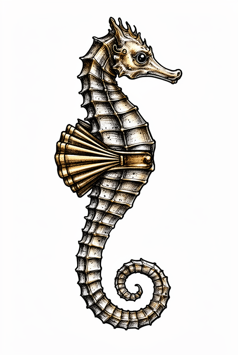 An illustrative seahorse talisman inspired by an antique pocket bellows, with ribbed body, curled tail, bead eye, and refined snout on a plain background.