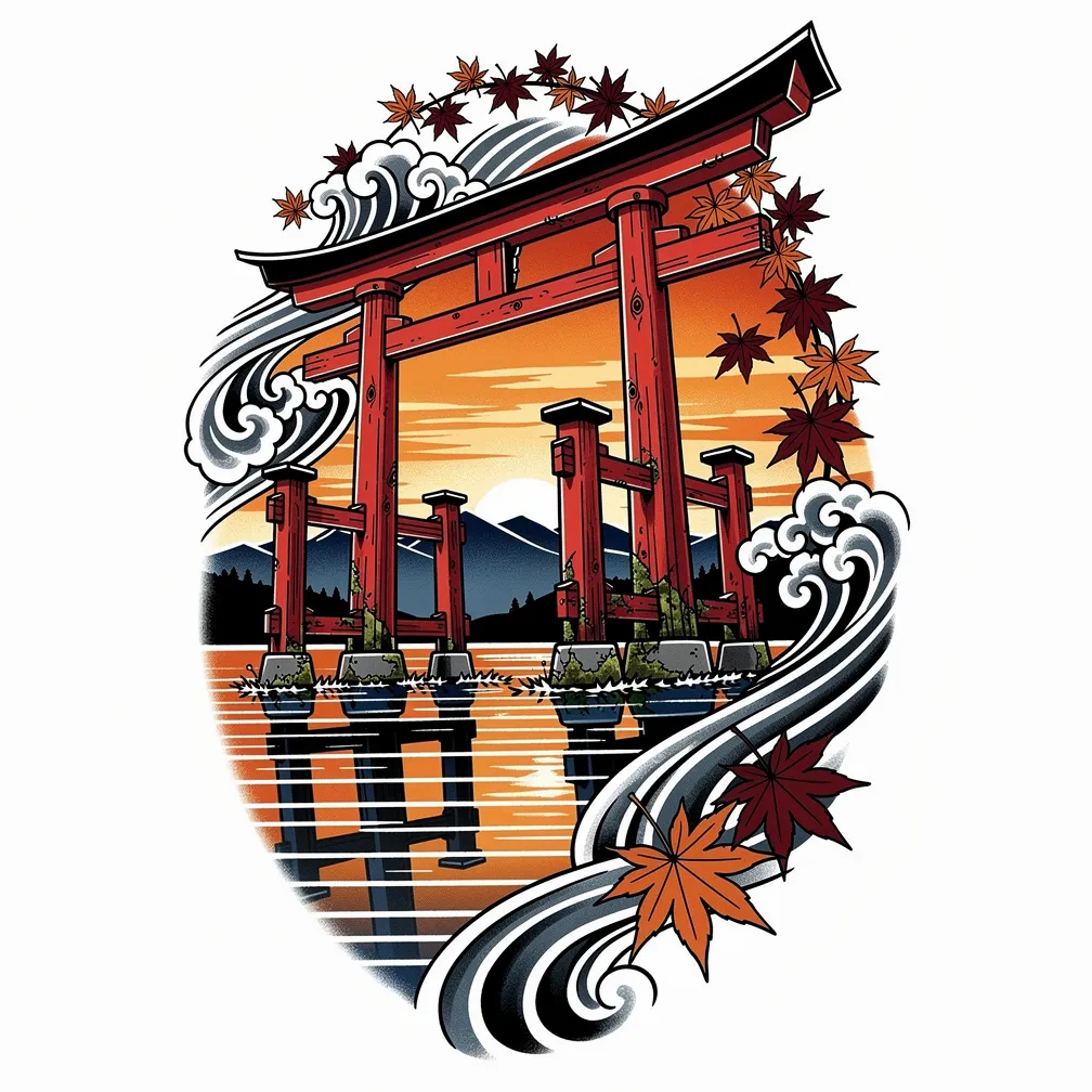 Ein Torii-Tor im japanischen Stil steht bei Sonnenuntergang in stillem Wasser, mit fernen Bergen und herabfallenden Ahornblättern, in warmen Farben dargestellt.
