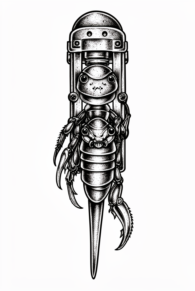 A blackwork mole cricket talisman built from a Victorian postage seal press, with armored brass forms, bead-black eyes, and digging forelegs.